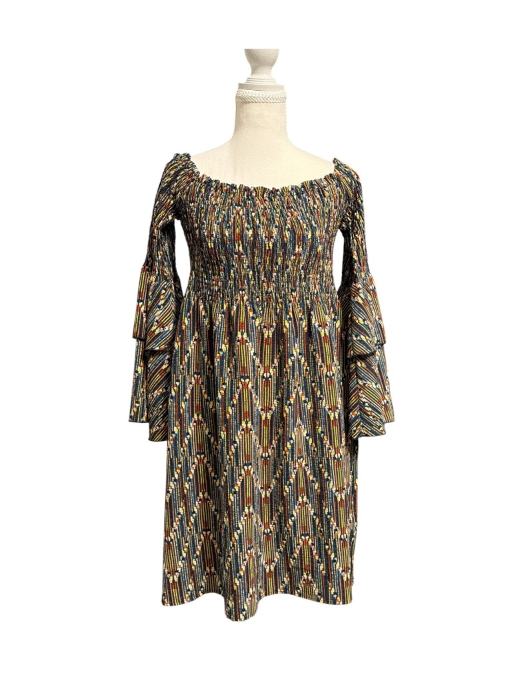 Molly Bracken Boho Smocked Off Shoulder Dress Bell Sleeve Size S